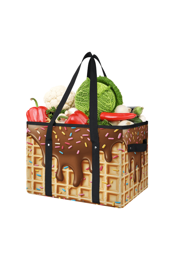 Ice Cream Reusable Grocery Bags, Foldable Reusable Shopping Bags, Brown Chocolate Cream Cake Collapsible Tote Bag with Reinforced Handles for Kitchen, Picnic