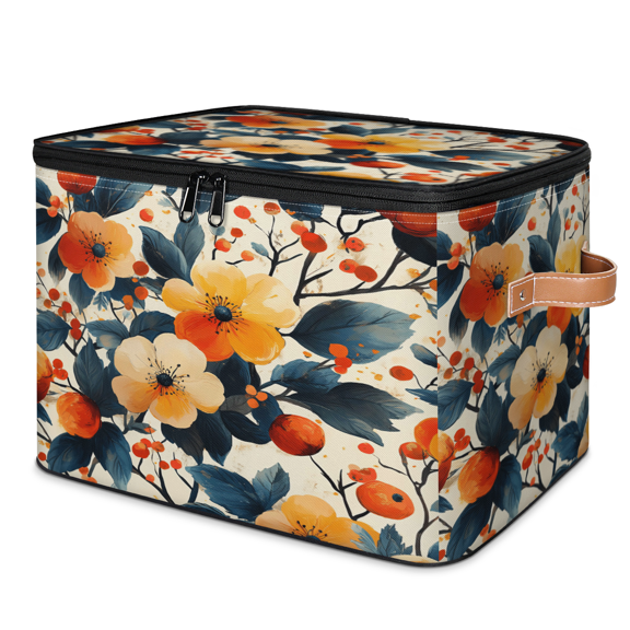 ADECORIVY Ink Floral Storage Bin with Lid Fabric Colorful Flower Foldable Storage Baskets Boxes for Clothes Shelves Closet Organizer Containers with Leather Handles for Wardrobe