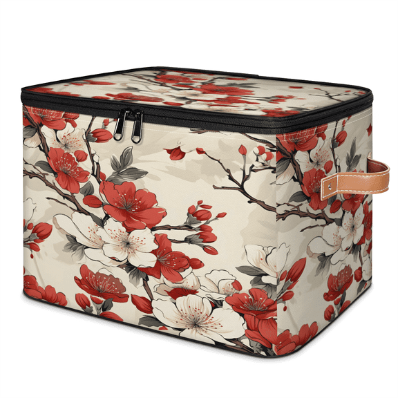 ADECORIVY Japanese Cherry Blossoms Red Storage Bin with Zipper Lid, Fabric Storage Baskets Boxes with Handles, Decorative Clothes Organizer Containers for Shelves, Wardrobe, Closet