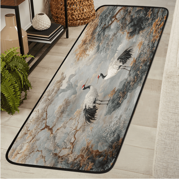 ADECORIVY Japanese Cranes Hallway Runner Rug 2x6 Washable Kitchen Runner Non Slip Laundry Room Bathroom Rug Vintage Flower Soft Carpet for Living Room Entryway Mat