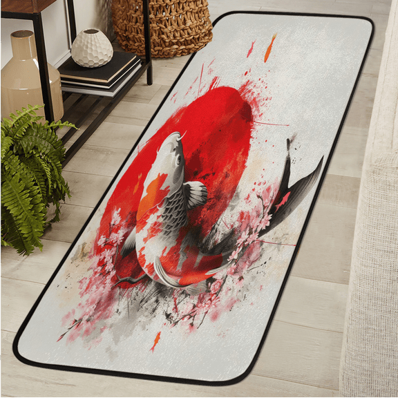 ADECORIVY Japanese Fishes Hallway Runner Rug 2x6 Washable Kitchen Runner Non Slip Laundry Room Bathroom Rug Pink Cherry Blossom Soft Carpet for Living Room Entryway Mat