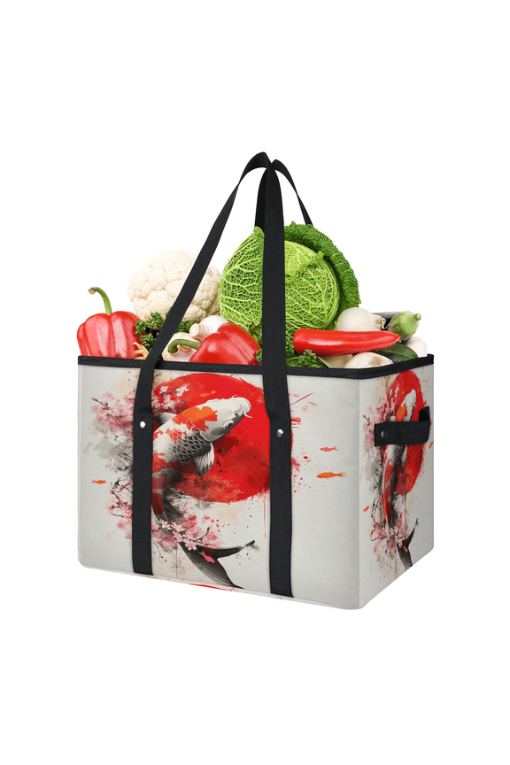 Japanese Fishes Reusable Grocery Bags, Foldable Reusable Shopping Bags, Pink Cherry Blossom Collapsible Tote Bag with Reinforced Handles for Kitchen, Picnic