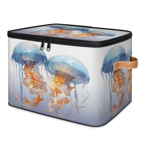 ADECORIVY Jellyfish Storage Bin with Lid Fabric Blue Sea Jelly Foldable Storage Baskets Boxes for Clothes Shelves Closet Organizer Containers with Leather Handles for Wardrobe
