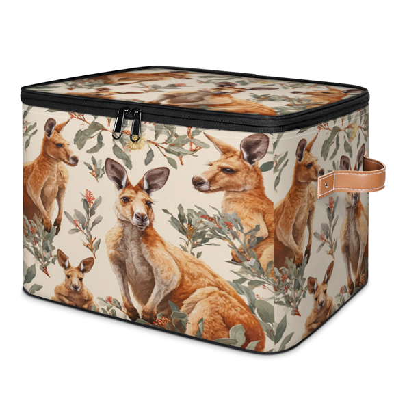 ADECORIVY Kangaroo Storage Bin with Lid Fabric Wild Animals Foldable Storage Baskets Boxes for Clothes Shelves Closet Organizer Containers with Leather Handles for Wardrobe