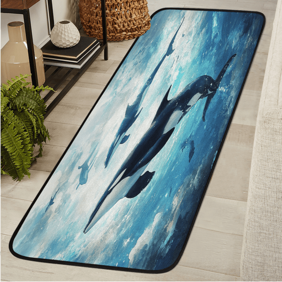 ADECORIVY Killer Whale Hallway Runner Rug 2x6 Washable Kitchen Runner Non Slip Laundry Room Bathroom Rug Sea Animals Orca Ocean Nautical Soft Carpet for Living Room Entryway Mat