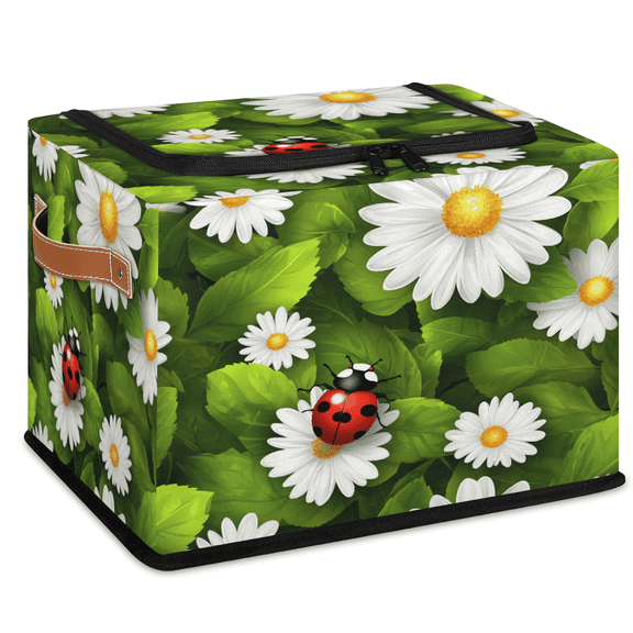 ADECORIVY Ladybugs Daisies Fabric Storage Bin with Lid, Decorative Closet Shelf Organizers, Green Leaves Foldable Basket Box Clothes Storage Bin with Handles