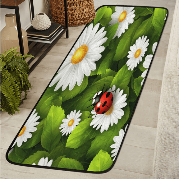 ADECORIVY Ladybugs Daisies Hallway Runner Rug 2x6 Washable Kitchen Runner Non Slip Laundry Room Bathroom Rug Green Leaves Soft Carpet for Living Room Entryway Mat