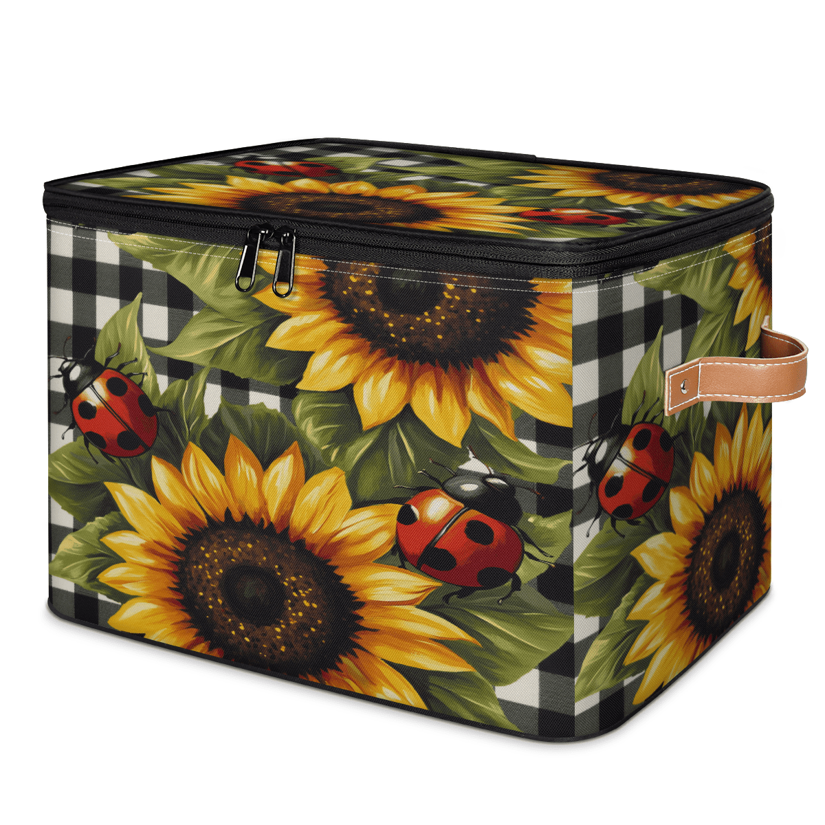 ADECORIVY Ladybugs Sunflower Storage Bin with Lid Fabric Black Buffalo ...