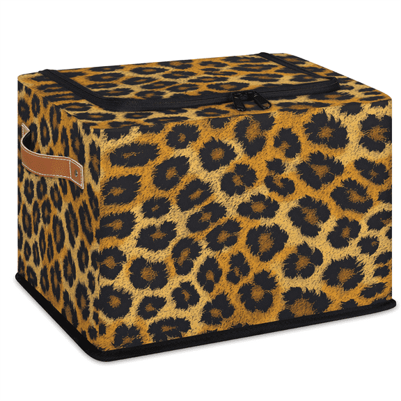 ADECORIVY Leopard Print Fabric Storage Bin with Lid, Decorative Closet Shelf Organizers, Wild Safari Skin Foldable Basket Box Clothes Storage Bin with Handles