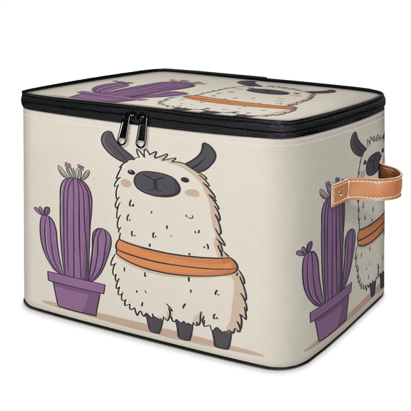 ADECORIVY Llama Alpaca Storage Bin with Lid Fabric Purple Cactus Foldable Storage Baskets Boxes for Clothes Shelves Closet Organizer Containers with Leather Handles for Wardrobe