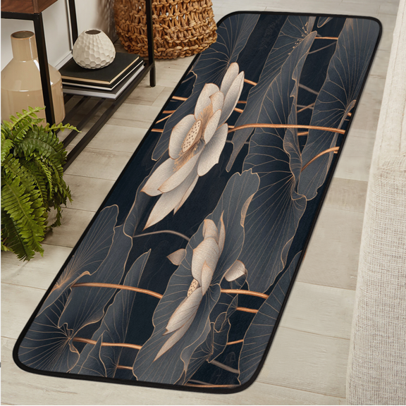 ADECORIVY Lotus Flowers Hallway Runner Rug 2x6 Washable Kitchen Runner Non Slip Laundry Room Bathroom Rug Ink Black leaves Soft Carpet for Living Room Entryway Mat