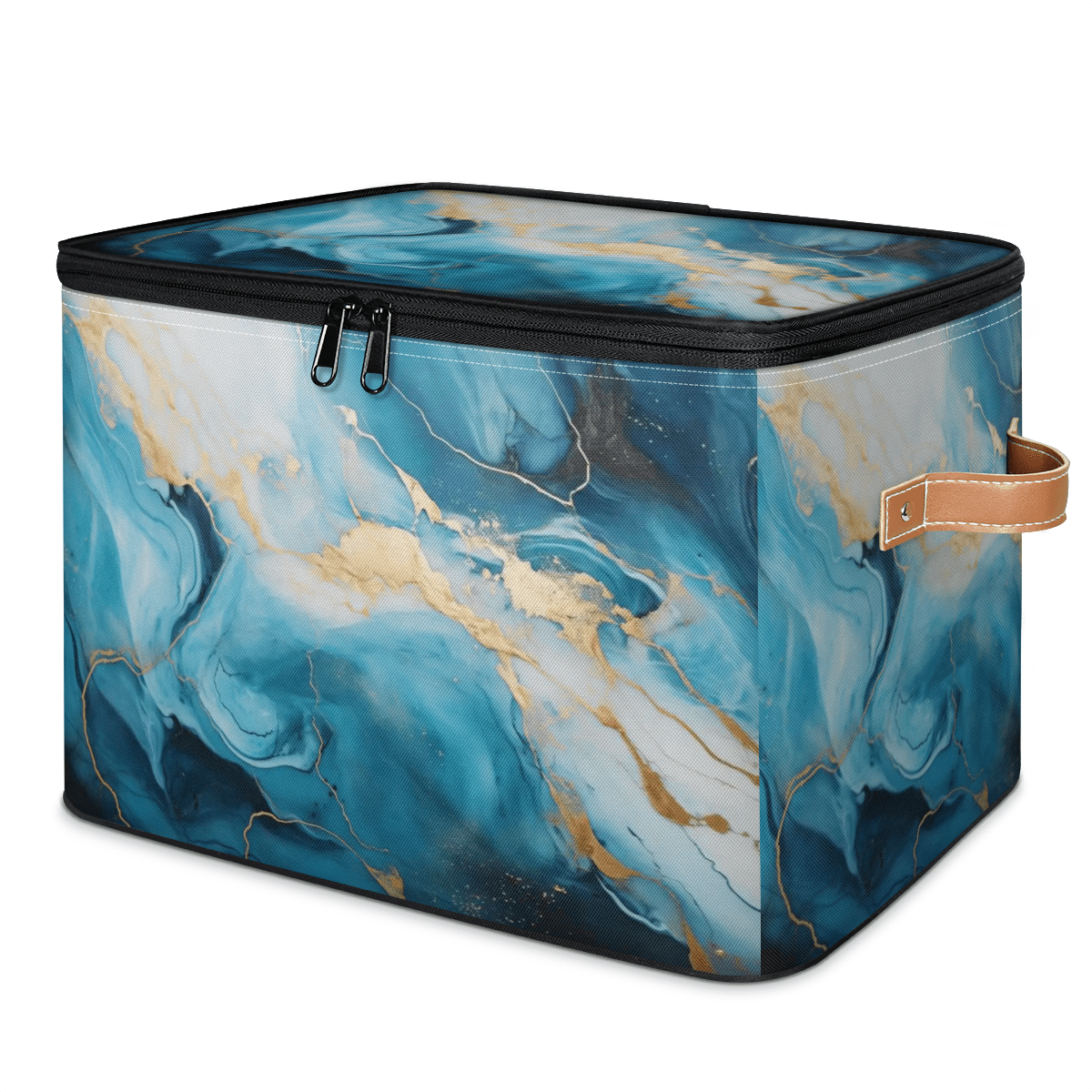 ADECORIVY Marble Blue Storage Bin with Zipper Lid, Fabric Storage Baskets Boxes with Handles, Decorative Clothes Organizer Containers for Shelves, Wardrobe, Closet