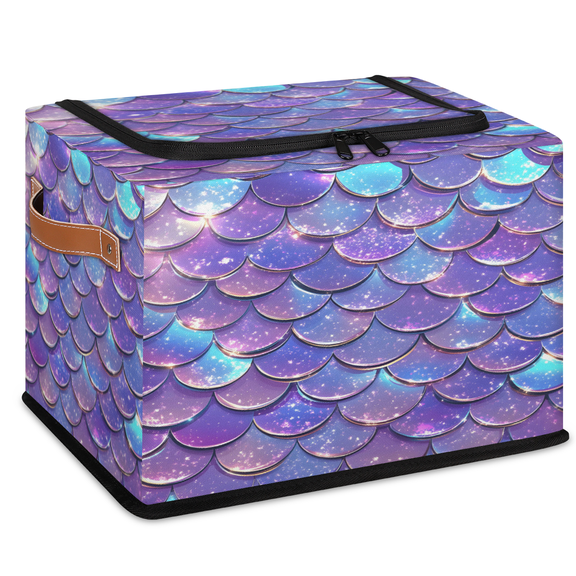 ADECORIVY Mermaid Fabric Storage Bin with Lid, Decorative Closet Shelf Organizers, Ocean Sea Fish Scales Foldable Basket Box Clothes Storage Bin with Handles