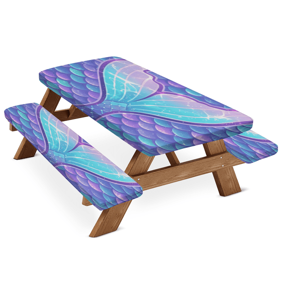ADECORIVY Mermaid Tail Scales Picnic Table Cover with Bench Covers, Waterproof Camping Table Cover with Elastic Edges, Fitted Tablecloth for Rectangle Tables, Outdoor Essentials 72 Inch