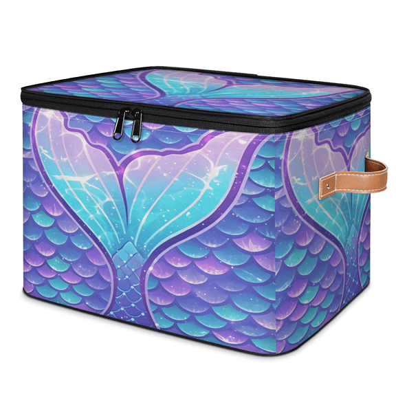 ADECORIVY Mermaid Tail Scales Storage Bin with Zipper Lid, Fabric Storage Baskets Boxes with Handles, Decorative Clothes Organizer Containers for Shelves, Wardrobe, Closet
