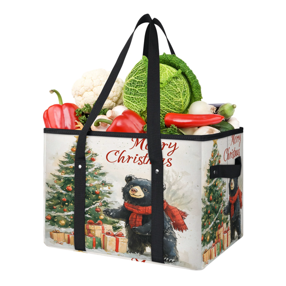 ADECORIVY Merry Christmas Bear Reusable Grocery Bags, Foldable Reusable Shopping Bags, Rustic Winter Xmas Trees Collapsible Tote Bag with Reinforced Handles for Kitchen, Picnic