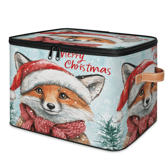 ADECORIVY Merry Christmas Storage Bin with Lid, Fabric Foldable Shelf Baskets Boxes, Xmas Animal Fox Closet Lidded Storage Bins, Clothes Organizer Container with Handles for Bedroom Home