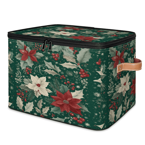 ADECORIVY Merry Christmas Storage Bin with Lid, Fabric Foldable Shelf Baskets Boxes, Xmas Holly Leaves Red Berries Closet Lidded Storage Bins, Clothes Organizer Container with Handles for Bedroom