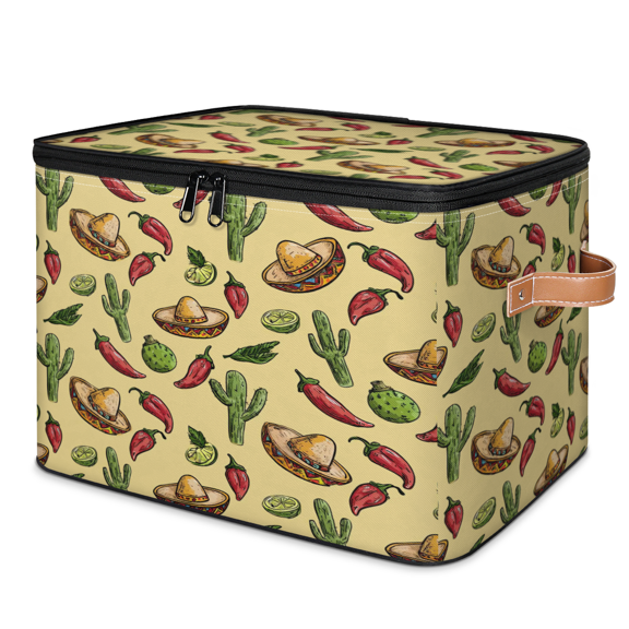 ADECORIVY Mexican Cactus Chili Storage Bin with Zipper Lid, Fabric Storage Baskets Boxes with Handles, Decorative Clothes Organizer Containers for Shelves, Wardrobe, Closet