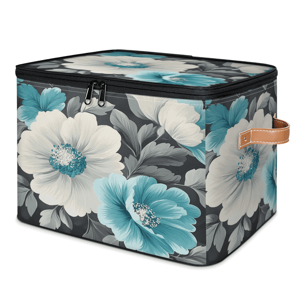 ADECORIVY Modern Floral Grey Turquoise Storage Bin with Zipper Lid, Fabric Storage Baskets Boxes with Handles, Decorative Clothes Organizer Containers for Shelves, Wardrobe, Closet