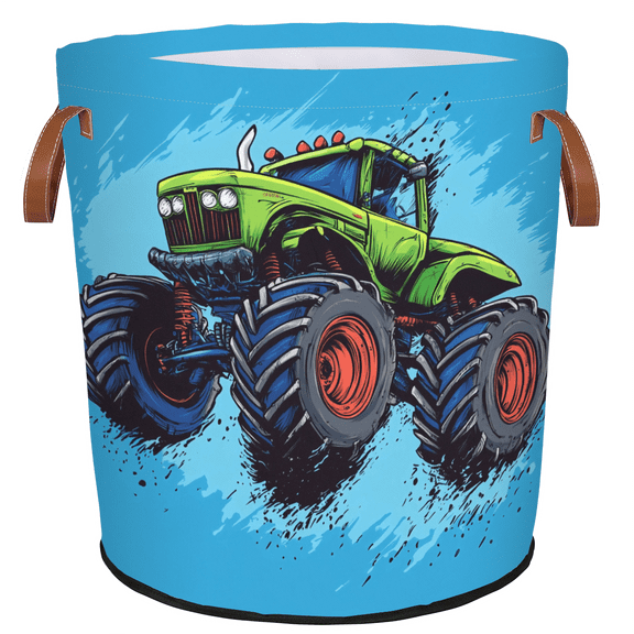 ADECORIVY Monster Trucks Laundry Hamper, Foldable Dirty Clothes Laundry Basket, Cartoon Cars Waterproof Storage Bin with Handles for Bathroom, Bedroom, Home