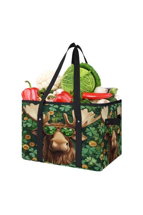 Moose Reusable Grocery Bags, Foldable Reusable Shopping Bags, St.Patricks Day Shamrock Collapsible Tote Bag with Reinforced Handles for Kitchen, Picnic