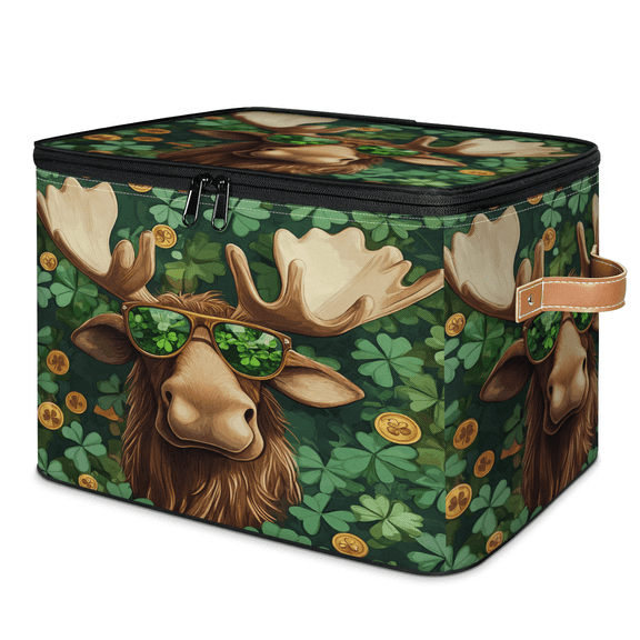 ADECORIVY Moose Storage Bin with Lid, Fabric Foldable Shelf Baskets Boxes, St.Patricks Day Shamrock Closet Lidded Storage Bins, Clothes Organizer Container with Handles for Bedroom Home
