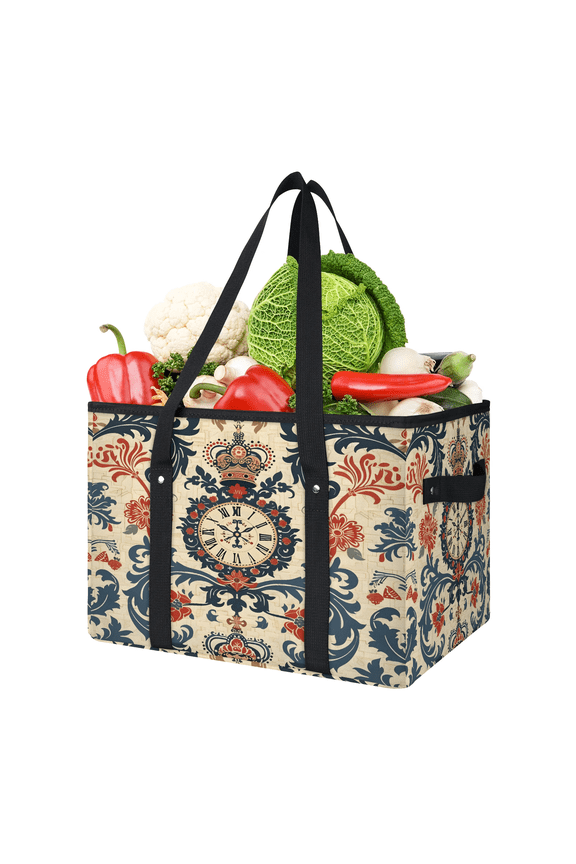 Morocco Vintage Clock Flower Reusable Grocery Bags, Foldable Shopping Bags for Groceries with Handles, Large Grocery Tote for Kitchen, Market, Car, Trunk, Picnic