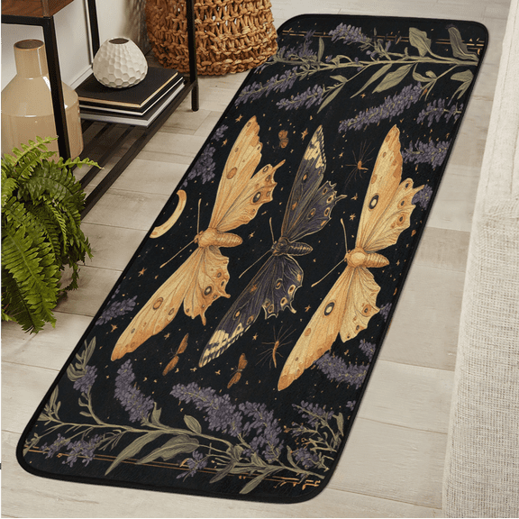 ADECORIVY Moth Lavender Hallway Runner Rug 2x6 Washable Kitchen Runner Non Slip Laundry Room Bathroom Rug Gothic Floral Soft Carpet for Living Room Entryway Mat