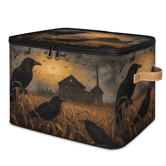 ADECORIVY Mystical Crows Storage Bin with Lid Fabric Foldable Storage Baskets Boxes for Clothes Shelves Closet Organizer Containers with Leather Handles for Wardrobe