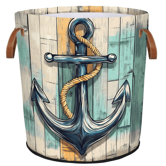 ADECORIVY Nautical Anchor Wood Board Laundry Basket, Foldable Laundry Hamper, Dirty Clothes Hamper Clothes Organizer Basket for Bathroom, Bedroom, Dorm