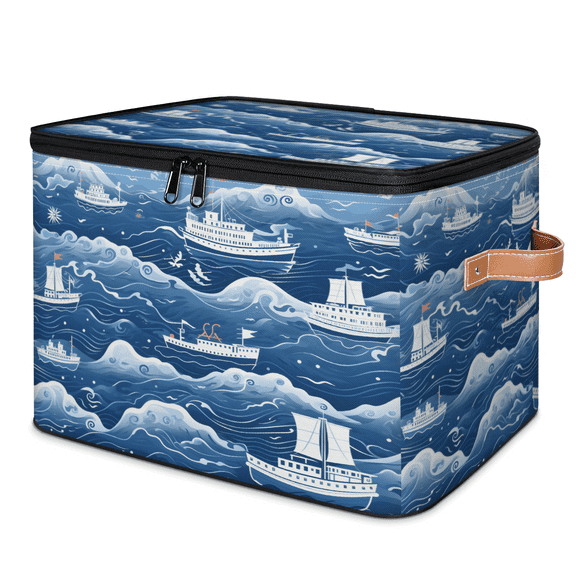 ADECORIVY Nautical Sailing Boat Storage Bin with Zipper Lid, Fabric Storage Baskets Boxes with Handles, Decorative Clothes Organizer Containers for Shelves, Wardrobe, Closet