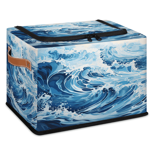 ADECORIVY Nautical Sea Wave Theme Fabric Storage Bin with Lid, Decorative Closet Shelf Organizers, Foldable Basket Box Clothes Storage Bin with Handles