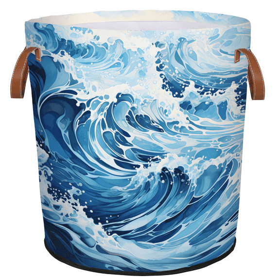 ADECORIVY Nautical Sea Wave Theme Laundry Hamper, Foldable Dirty Clothes Laundry Basket, Waterproof Storage Bin with Handles for Bathroom, Bedroom, Home