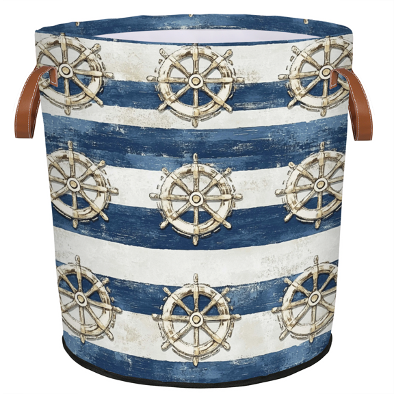 ADECORIVY Nautical Ship Steering Wheel Laundry Hamper, Foldable Dirty Clothes Laundry Basket, Striped Waterproof Storage Bin with Handles for Bathroom, Bedroom, Home