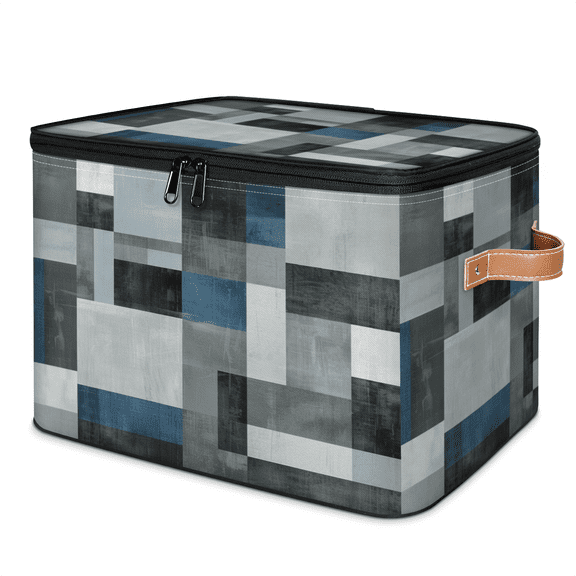 ADECORIVY Navy Blue Gray Morden Geometric Storage Bin with Lid, Fabric Foldable Shelf Baskets Boxes, Closet Lidded Storage Bins, Clothes Organizer Container with Handles for Bedroom Home