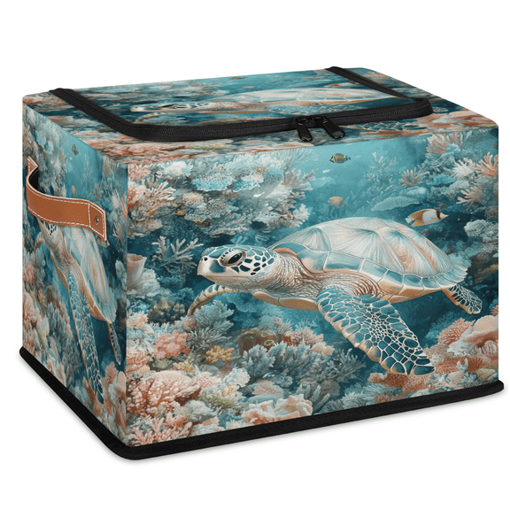 ADECORIVY Ocean Fabric Storage Bin with Lid, Decorative Closet Shelf Organizers, Sea Turtles Foldable Basket Box Clothes Storage Bin with Handles