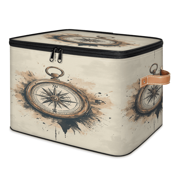 ADECORIVY Ocean Nautical Storage Bin with Lid, Fabric Foldable Shelf Baskets Boxes, Compass Navigation Closet Lidded Storage Bins, Clothes Organizer Container with Handles for Bedroom Home