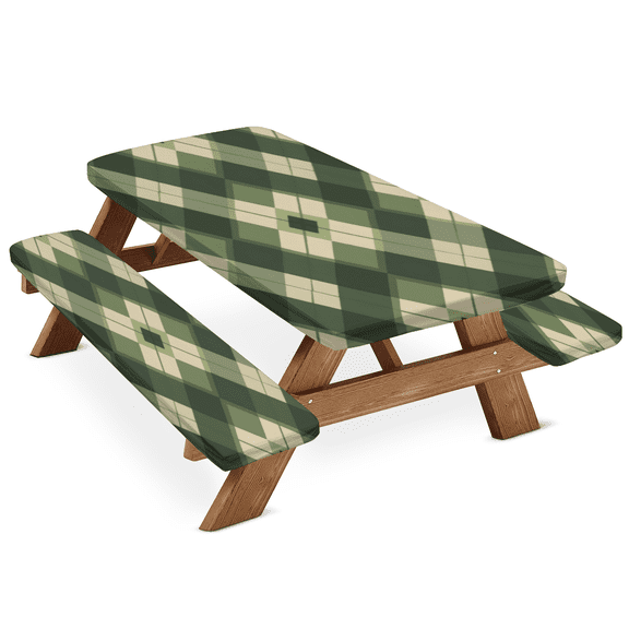 ADECORIVY Olive Green Grid Plaid Striped Picnic Table Cover with Bench Covers, Waterproof Camping Table Cover with Elastic Edges, Fitted Tablecloth for Rectangle Tables, Outdoor Essentials 72 Inch
