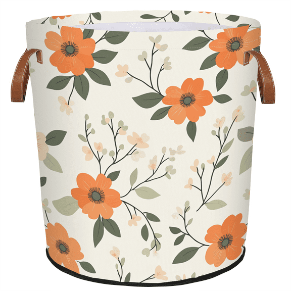 ADECORIVY Orange Floral Laundry Hamper, Foldable Dirty Clothes Laundry Basket, Flower and Leaf Waterproof Storage Bin with Handles for Bathroom, Bedroom, Home
