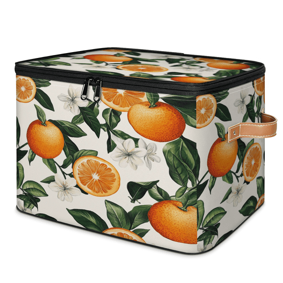 ADECORIVY Orange Fruits Flowers Storage Bin with Zipper Lid, Fabric Storage Baskets Boxes with Handles, Decorative Clothes Organizer Containers for Shelves, Wardrobe, Closet