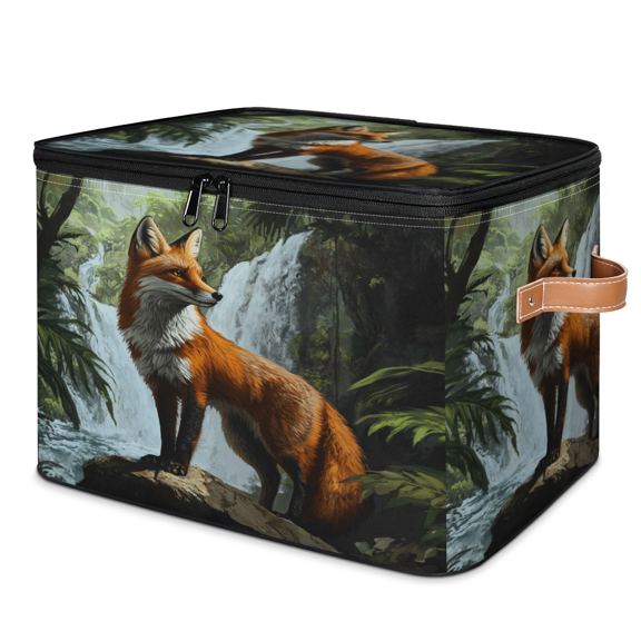 ADECORIVY Orange Red Fox Waterfall Storage Bin with Zipper Lid, Fabric Storage Baskets Boxes with Handles, Decorative Clothes Organizer Containers for Shelves, Wardrobe, Closet