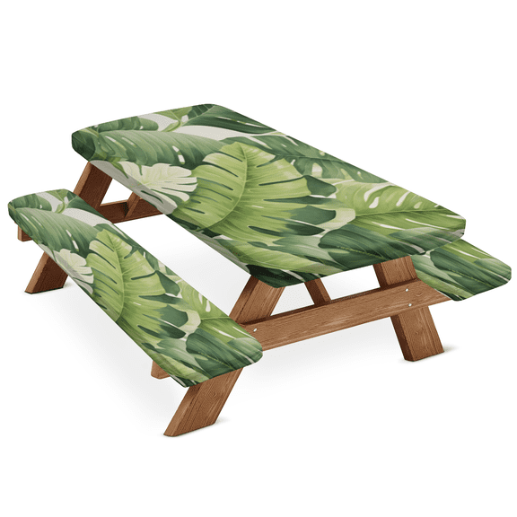 ADECORIVY Palm Leaves Picnic Table Cover with Bench Covers, Waterproof Tropical Floral Outdoor Camping Tablecloth, Windproof Elastic Fitted Table Cover, 72 Inch 3PCS