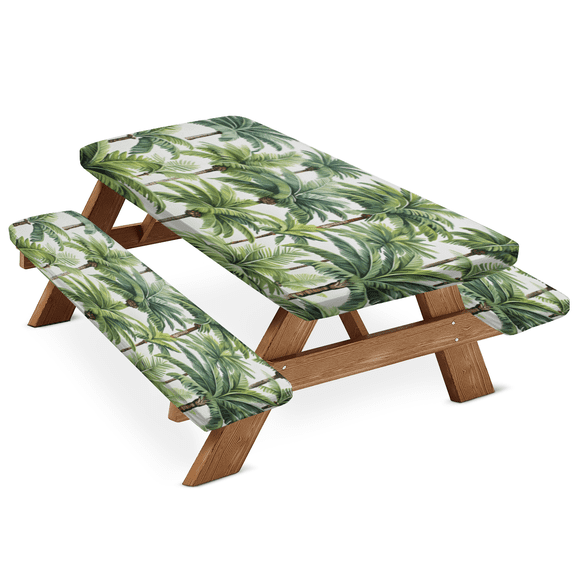 ADECORIVY Palm Tree Picnic Table Cover with Bench Covers, Waterproof Camping Table Cover with Elastic Edges, Fitted Tablecloth for Rectangle Tables, Outdoor Essentials 72 Inch