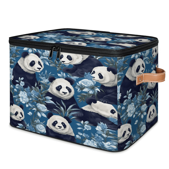 ADECORIVY Panda Flower Storage Bin with Zipper Lid, Fabric Storage Baskets Boxes with Handles, Decorative Clothes Organizer Containers for Shelves, Wardrobe, Closet
