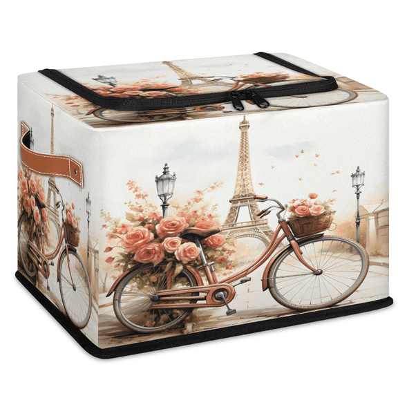 ADECORIVY Paris Eiffel Tower Bicycles Flower Fabric Storage Bin with Lid, Foldable Storage Box Decorative Cube Organizer Basket for Closet Shelf Organizing Clothes