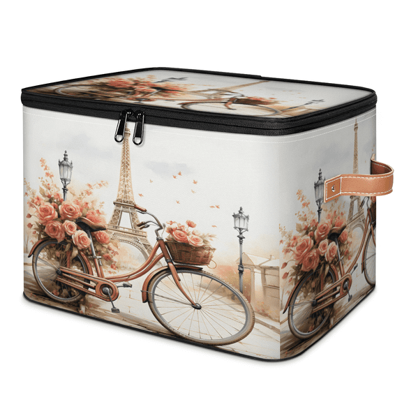 ADECORIVY Paris Eiffel Tower Bicycles Flower Storage Bin with Zipper Lid, Fabric Storage Baskets Boxes with Handles, Decorative Clothes Organizer Containers for Shelves, Wardrobe, Closet