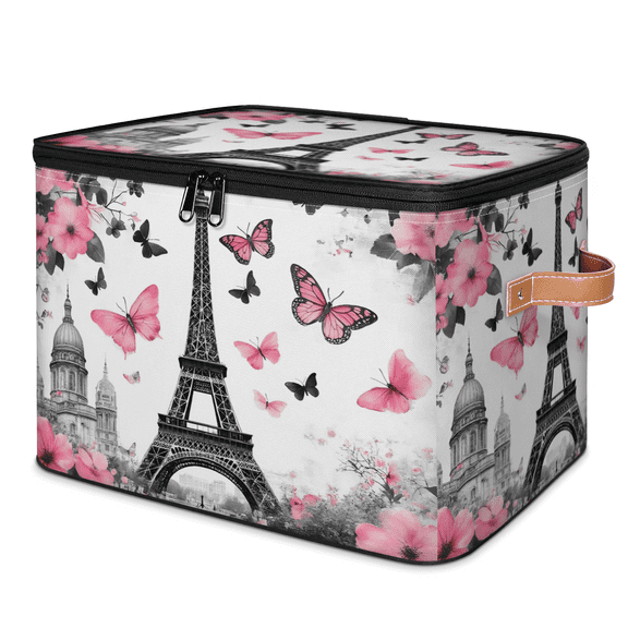 ADECORIVY Paris Eiffel Tower Storage Bin with Lid, Fabric Foldable Shelf Baskets Boxes, Pink Butterfly Rose Closet Lidded Storage Bins, Clothes Organizer Container with Handles for Bedroom Home