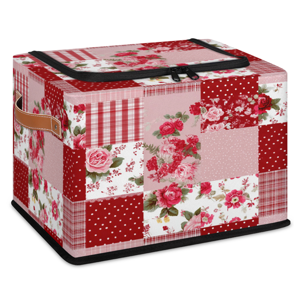 ADECORIVY Patchwork Boho Red Floral Fabric Storage Bin with Lid, Foldable Storage Box Decorative Cube Organizer Basket for Closet Shelf Organizing Clothes