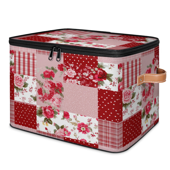 ADECORIVY Patchwork Boho Red Floral Storage Bin with Zipper Lid, Fabric Storage Baskets Boxes with Handles, Decorative Clothes Organizer Containers for Shelves, Wardrobe, Closet